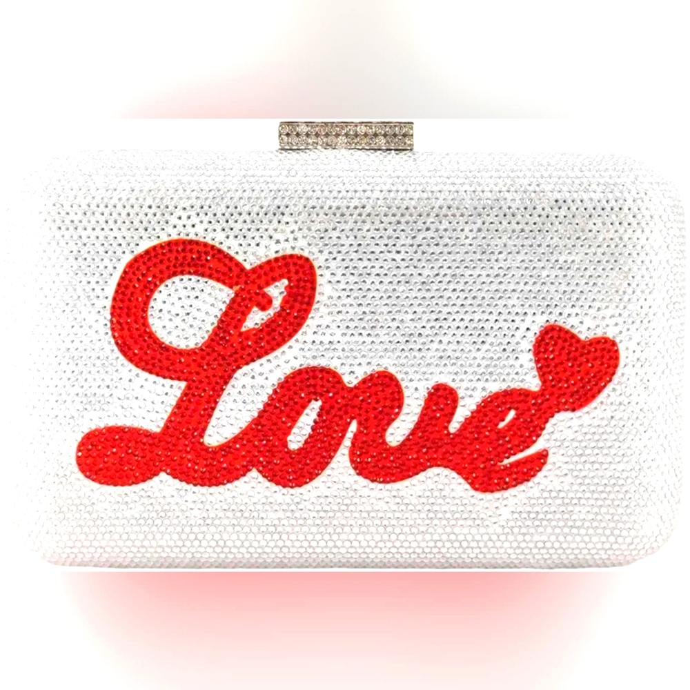 Elegant Silver and Red Love Rhinestone Crystal Clutch Purse
